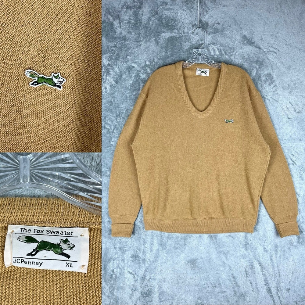 Vintage JCPenney The Fox Sweater Mens XL 70s‎ Wool Blend Tan Brown V Neck Mod